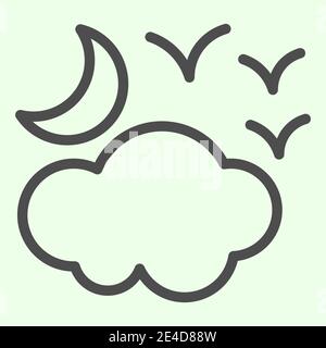 Icône de la ligne de nuit trouble d'Halloween. Une demi-lune effrayante avec des nuages et des oiseaux contour style pictogramme sur fond blanc. Sorcellerie et signes magiques pour Illustration de Vecteur