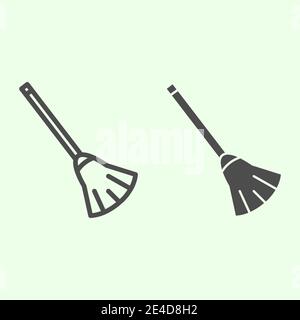 Ligne de balai de sorcière et icône pleine. Baguette magique avec poignée plate en bois, pictogramme de style contour sur fond blanc. Sorcellerie et signes magiques pour Illustration de Vecteur