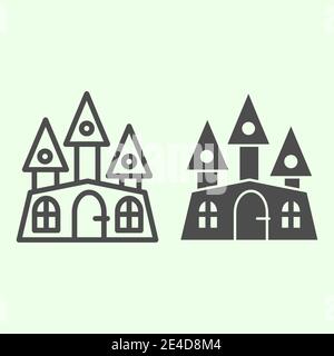 Ligne de maison hantée et icône pleine. Halloween mystique bâtiment gothique contour style pictogramme sur fond blanc. Château de sorcière avec trois tours pour Illustration de Vecteur