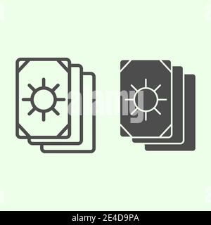 Carte Tarot ligne et icône pleine. Pile de cartes Oracle avec pictogramme de contour de cercle solaire sur fond blanc. Occulte, outil magique de sorcellerie pour Illustration de Vecteur