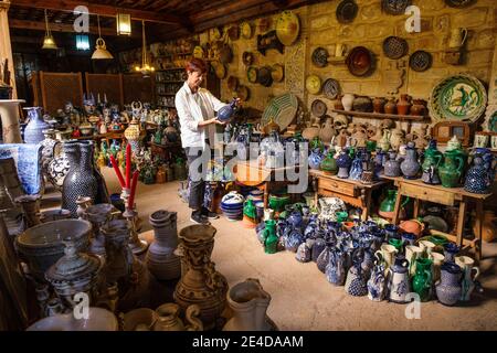 Poterie Tito. Exposition de céramique et de poterie dans la cour intérieure du magasin, Ubeda, site classé au patrimoine mondial de l'UNESCO. Province de Jaen, Andalousie, Sud S. Banque D'Images