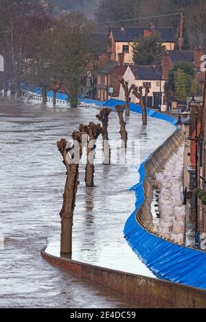 Shropshire, Royaume-Uni. 23 janvier 2021. Les niveaux de la rivière Severn dans le Shropshire ont continué d'augmenter durant la nuit, causant des inondations graves dans certaines régions. Des barrières contre les inondations ont été érigées le long de la Wharfage à Ironbridge pour tenter d'empêcher les eaux d'inondation de pénétrer dans les maisons et les entreprises. Crédit : Rob carter/Alay Live News Banque D'Images