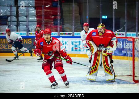 Rodovre, Danemark. 22 janvier 2021. Le gardien de but John Muse (33) de Rodovre Mighty Bulls vu dans le match de hockey sur glace de Metalligaen entre Rodovre Mighty Bulls et Rungsted Seier Capital à Rodovre Centrum Arena à Rodovre. (Crédit photo : Gonzales photo/Alamy Live News Banque D'Images