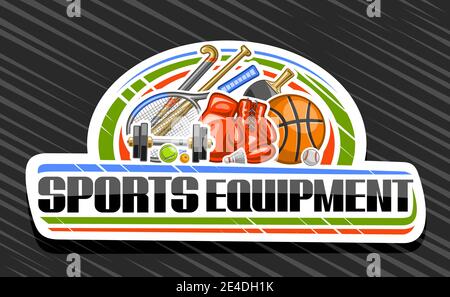 Logo Vector pour équipement sportif, panneau d'affichage décoratif blanc pour magasin d'articles de sport avec des illustrations colorées de nombreux accessoires de jeu divers, u Illustration de Vecteur