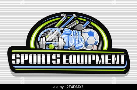 Logo Vector pour équipement sportif, panneau d'affichage décoratif noir pour magasin d'articles de sport avec illustrations de nombreux accessoires de jeu divers, bru unique Illustration de Vecteur