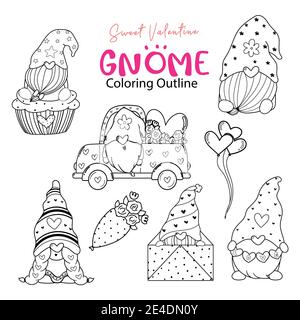 Adorable collection de coloriage de Gnome de Saint-Valentin, ensemble de timbres numériques de Saint-Valentin, ensemble de dessin de nain de dessin de dessin de dessins animés de Gnome Illustration de Vecteur