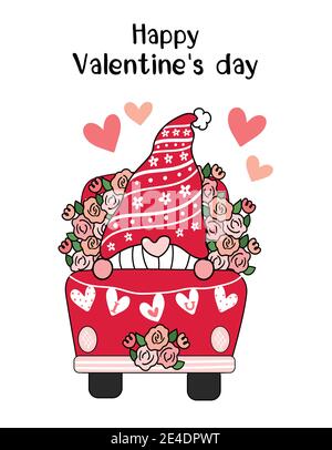 Gnome de Saint-Valentin en camion de fleur rouge avec coeur I Love You drapeau, mignon dessin animé plat vecteur clip art idée pour carte de Saint-Valentin, substance imprimable Illustration de Vecteur