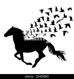 Silhouettes abstraites de chevaux et d'oiseaux volant Illustration de Vecteur