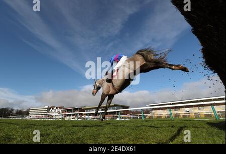 Silver Hallmark, criblé par Adam Wedge sur le chemin de gagner le Read Nicky Henderson's Unibet Blog novice Chase pendant la journée de poursuite de Peter Marsh à l'hippodrome de Haydock Park. Date de la photo: Samedi 23 janvier 2021. Banque D'Images