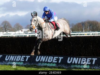 Silver Hallmark, criblé par Adam Wedge sur le chemin de gagner le Read Nicky Henderson's Unibet Blog novice Chase pendant la journée de poursuite de Peter Marsh à l'hippodrome de Haydock Park. Date de la photo: Samedi 23 janvier 2021. Banque D'Images