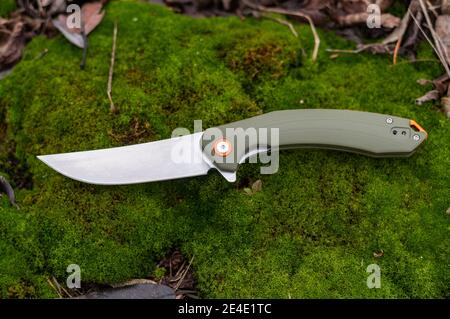 Le couteau à manche olive repose sur de la mousse verte naturelle. Banque D'Images