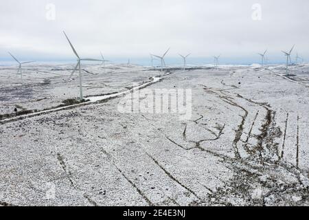 Parc éolien de Whitelee, Eaglesham, Écosse, Royaume-Uni. 15 janvier 2021. Photo : les gens qui marchent et font du jogging sur les landes enneigées de la ferme éolienne de Whitelee font leur exercice quotidien alors que l'Écosse est toujours en phase 4 verrouillée en raison de la pandémie du coronavirus (COVID-19). Parc éolien de Whitelee vu sous un tapis de neige, qui est encore couché sur le sol en raison de son emplacement sur le sol supérieur. Il est populaire avec les gens qui prennent leur exercice de verrouillage quotidien. Crédit : Colin Fisher Banque D'Images