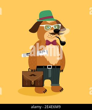 Chien chiot nerd Hipster avec tuyau et verres journal valise vector illustration Illustration de Vecteur