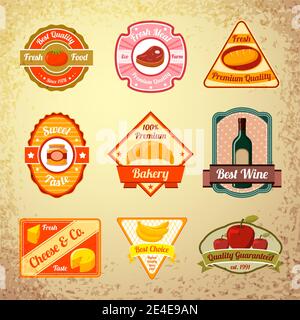 Collection de timbres ou d'étiquettes des aliments frais et naturels légumes fruits et produits à base de vector illustration Illustration de Vecteur