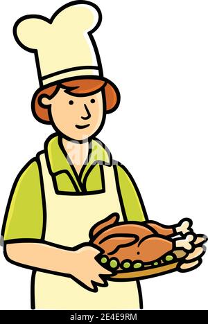 Joyeux jeune chef homme debout avec un plat de frit poulet Illustration de Vecteur