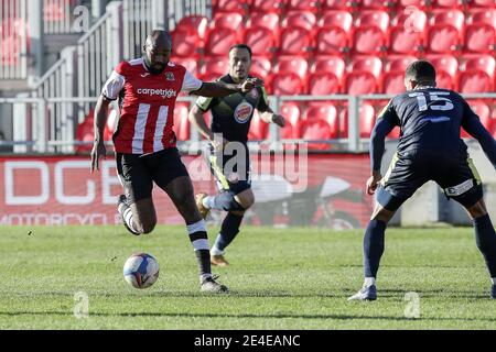 Exeter, Royaume-Uni. 23 janvier 2021. Nigel Atangana de la ville d'Exeter lors de la Sky Bet League 2, match à huis clos entre Exeter City et Stevenage au parc St James' Park, Exeter, Angleterre, le 23 janvier 2021. Photo de Dave Peters/Prime Media Images. Crédit : Prime Media Images/Alamy Live News Banque D'Images