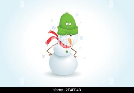 Joyeux bonhomme de neige mignon avec chapeau en laine vert et foulard en laine rouge debout une journée enneigée. Illustration de Vecteur
