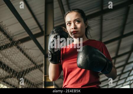 femme combattant ultime dans des gants de boxe avec mouvement mains défendre à côté de l'espace de copie sur l'arène circulaire Banque D'Images