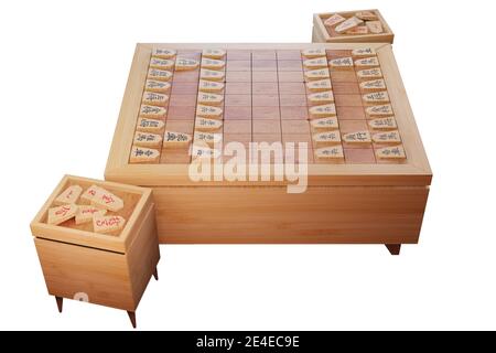 Le jeu d'échecs japonais isolé fond blanc, le mot qui est écrit dans la pièce est rook, les généraux d'or, chevaliers, lances, pions, roi, évêque, généraux d'argent Banque D'Images