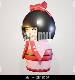 Poupée Kokeshi, poupée fille japonaise. Rendu 3D Banque D'Images