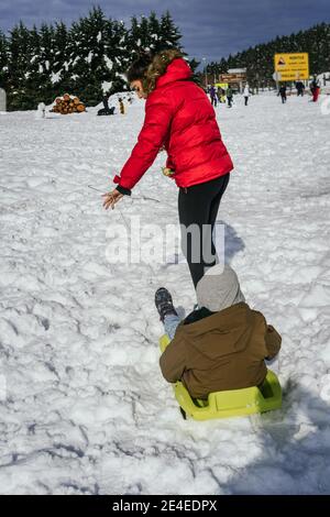 Photo verticale d'une femme méconnue tirant le traîneau de son fils et jouer avec lui dans le parc de neige Banque D'Images