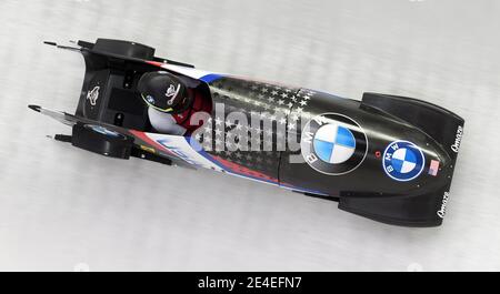 23 janvier 2021, Bavière, Schönau am Königssee: Bobsleigh: Coupe du monde, monobob, femmes. Le pilote de bobsleigh américain Kaillie Humphries se trouve sur la piste de glace artificielle de Königssee. Photo: Tobias Hase/dpa Banque D'Images