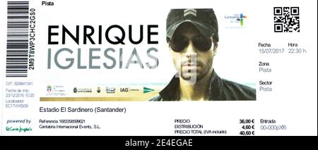 Billet d'entrée Enrique Iglesias Bailando concert tour au Real Racing football Club stade Sardinero Santander Cantabria Espagne 15 juillet 2017 Banque D'Images