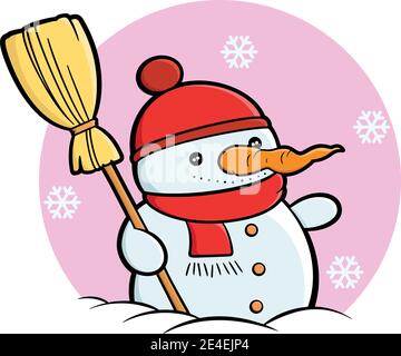 Joyeux bonhomme de neige mignon avec chapeau rouge et foulard rouge debout avec un balai. Clipart de dessin animé vectoriel. Illustration de Vecteur