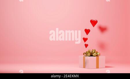 Jour de la Saint-Valentin, anniversaire concept fond avec grand espace négatif. Boîte cadeau fantaisie avec coeurs flottants. Rendu numérique. Banque D'Images