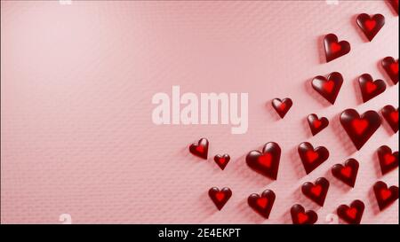 Le concept de la Saint-Valentin, anniversaire de naissance. Coeurs rouges brillants translucides sur une surface rose douce. Rendu numérique. Banque D'Images
