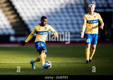 Aarhus, Danemark. 23 janvier 2021. Kevin Mensah (14) de Broendby SI on le voit lors d'un match d'essai entre Aarhus GF et Broendby IF au parc Ceres d'Aarhus. (Crédit photo : Gonzales photo/Alamy Live News Banque D'Images