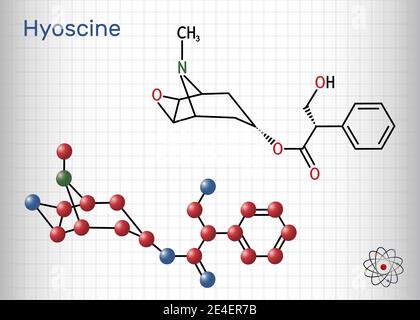 Hyoscine, scopolamine. Molécule de L-Scopolamine. Il s'agit d'un alcaloïde naturel, psychoactif, anticholinergique, antimuscarinique. Produit chimique structural f Illustration de Vecteur