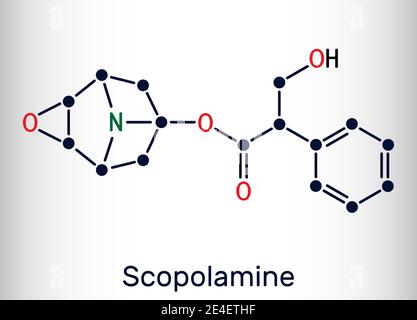 Hyoscine, scopolamine. Molécule de L-Scopolamine. Il s'agit d'un alcaloïde naturel, psychoactif, anticholinergique, antimuscarinique. Produit chimique squelettique pour Illustration de Vecteur