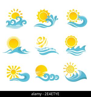 Vagues eau coulant mer icônes de l'océan ensemble avec le soleil isolé illustration vectorielle Illustration de Vecteur