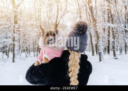 Femme méconnue avec un chien qui marche dans le parc d'hiver Banque D'Images