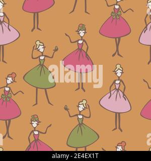 Motif vectoriel sans couture avec personnages de dessin animé pour femmes. Femmes dans des robes colorées dans différentes poses. Illustration de Vecteur