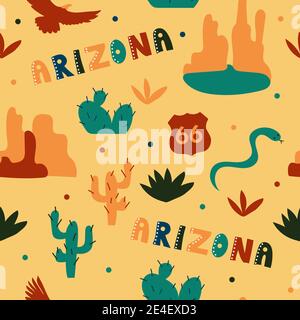 Collection USA. Illustration vectorielle du thème Arizona. Symboles d'état - répétition transparente Illustration de Vecteur