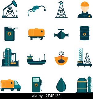 Industrie pétrolière forage raffinage processus transport de pétrole icônes ensemble avec illustration du vecteur isolé plat d'huile et de pompe Illustration de Vecteur