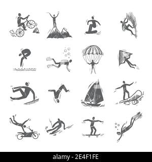 Les icônes des sports extrêmes croquis de plongée escalade voile isolé Doodle illustration vectorielle Illustration de Vecteur