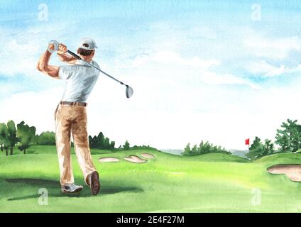 Homme jouant au golf sur un magnifique parcours de golf avec un terrain vert avec un gazon riche, dessin à la main aquarelle illustration et arrière-plan Banque D'Images