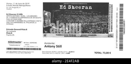 Billet électronique d'entrée imprimé pour le concert pop Ed Sheeran au Wanda Metropolitan Stadium Madrid Espagne 11 juin 2019 Banque D'Images