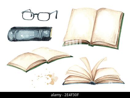 Ouvrir la collection de livres et de lunettes de lecture. Aquarelle illustration dessinée à la main isolée sur fond blanc Banque D'Images