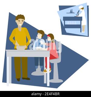 Séjour à la maison, cuisine de père avec les enfants. Maman au travail. Concept de familles diverses. Illustration vectorielle isolée sur fond blanc Illustration de Vecteur