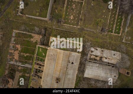 Vue aérienne de l'ancienne exploitation minière abandonnée peñarroya-pueblonuevo Espagne Lieux industriels abandonnés Banque D'Images