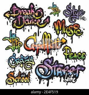 Collection expressive de graffiti urbain de l'art pour les jeunes mots individuels numérique spray paint creator grunge illustration vectorielle isolée Illustration de Vecteur