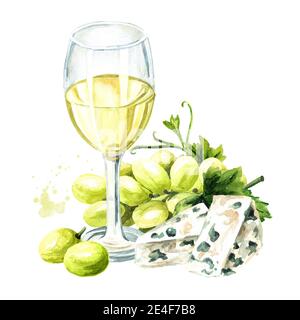 Verre de vin blanc, raisins verts mûrs frais et fromage bleu. Illustration aquarelle dessinée à la main, isolée sur fond blanc Banque D'Images