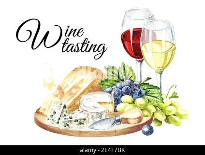 Verre de vin, raisin et fromage. Illustration aquarelle dessinée à la main, isolée sur fond blanc Banque D'Images