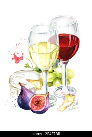Verre de vin, raisins verts mûrs frais et fromage à tartiner. Illustration aquarelle dessinée à la main, isolée sur fond blanc Banque D'Images