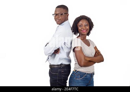 L'homme d'affaires et business woman standing back-to-back.isolé sur blanc.concept d'entreprise Banque D'Images