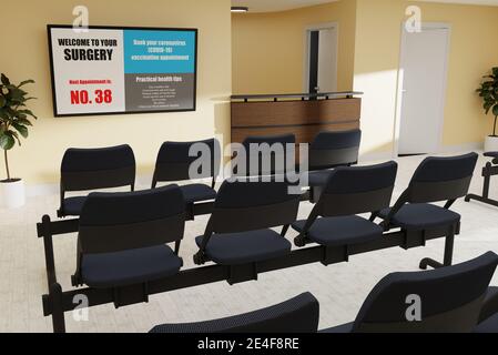 Intérieur vide médecin chirurgie salle d'attente avec vaccination Covid à l'écran. Rendu 3D Banque D'Images